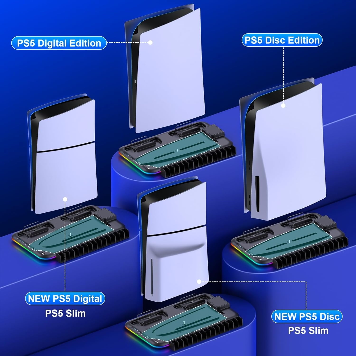 PS5 Slim Stand and Turbo Cooling Station with Controller Charging Station for Playsation 5 PS5 Accessories Incl. 3 Levels Cooling Fan RGB Light 15 Game Storage Headset Holder for PS5 Digital/Disc