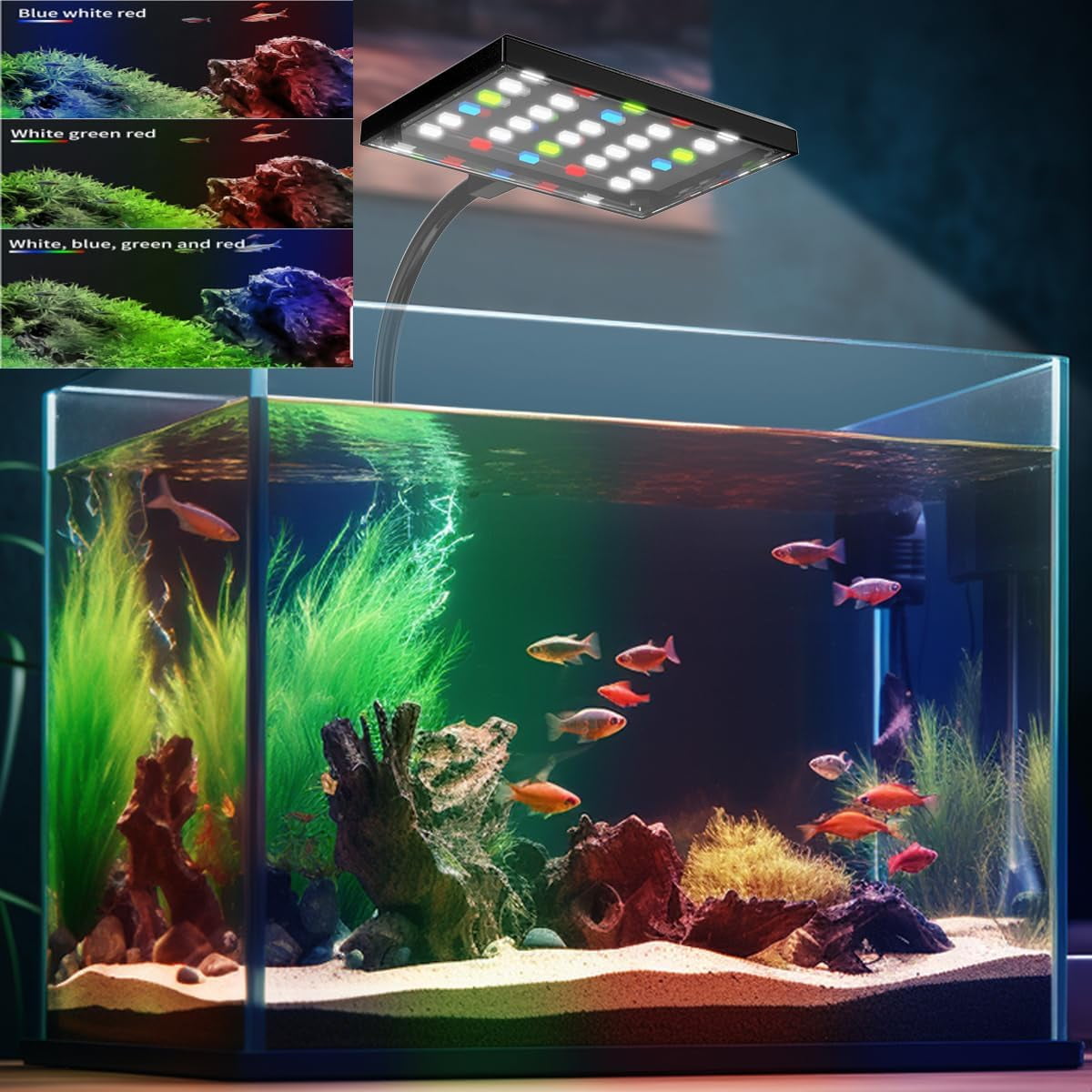 LED Aquarium Light Full Spectrum Aquarium Plant Light Clip on Freshwater Planted Light for Aquarium Plant Growth Dimmable Nano Refugium Tank Light Adjustable Timer/Brightness IP68