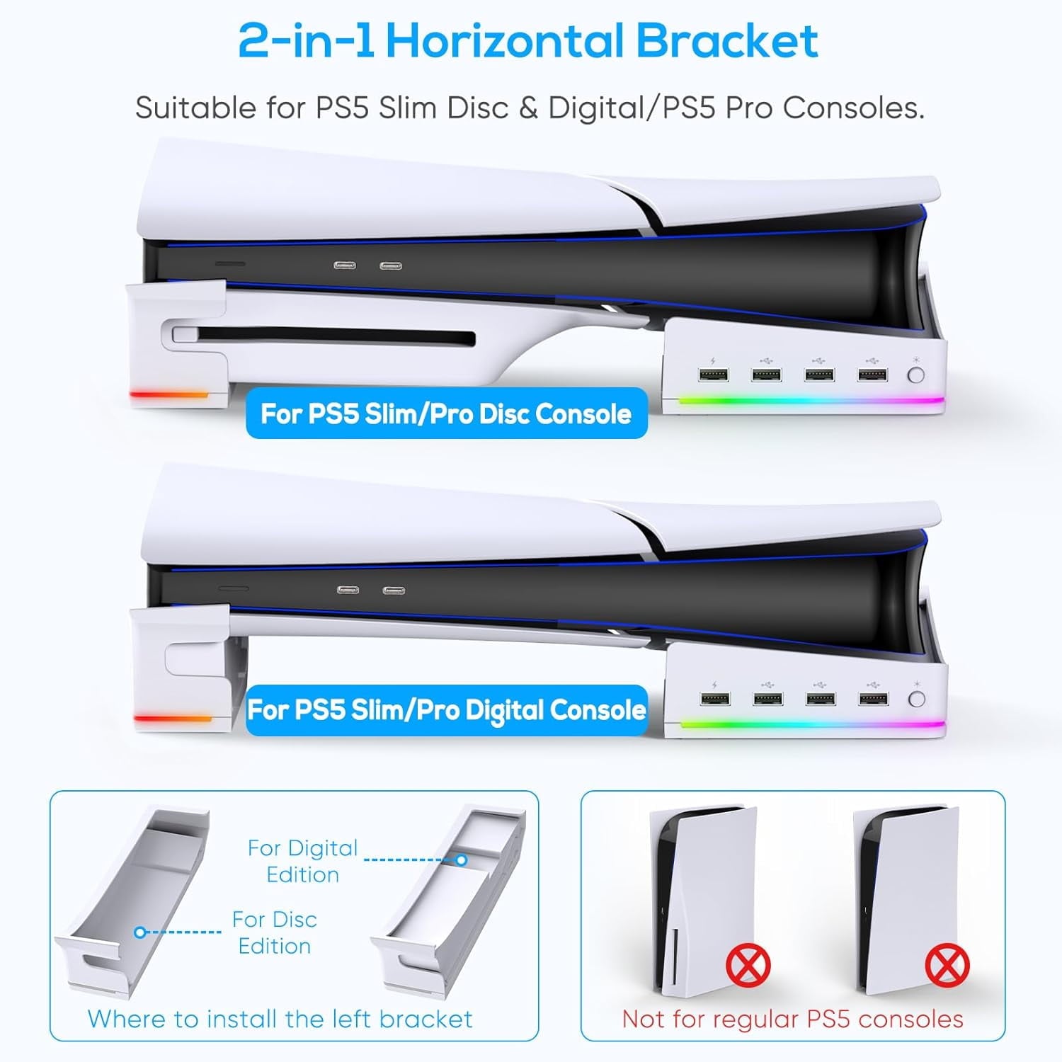 RGB Horizontal Stand for PS5 Pro / Slim Console Accessories with 14 Light Mode and 4 USB Hubs Side Stand for Playstation 5 Pro / Slim Disc & Digital Base Holder with Fast Charging White