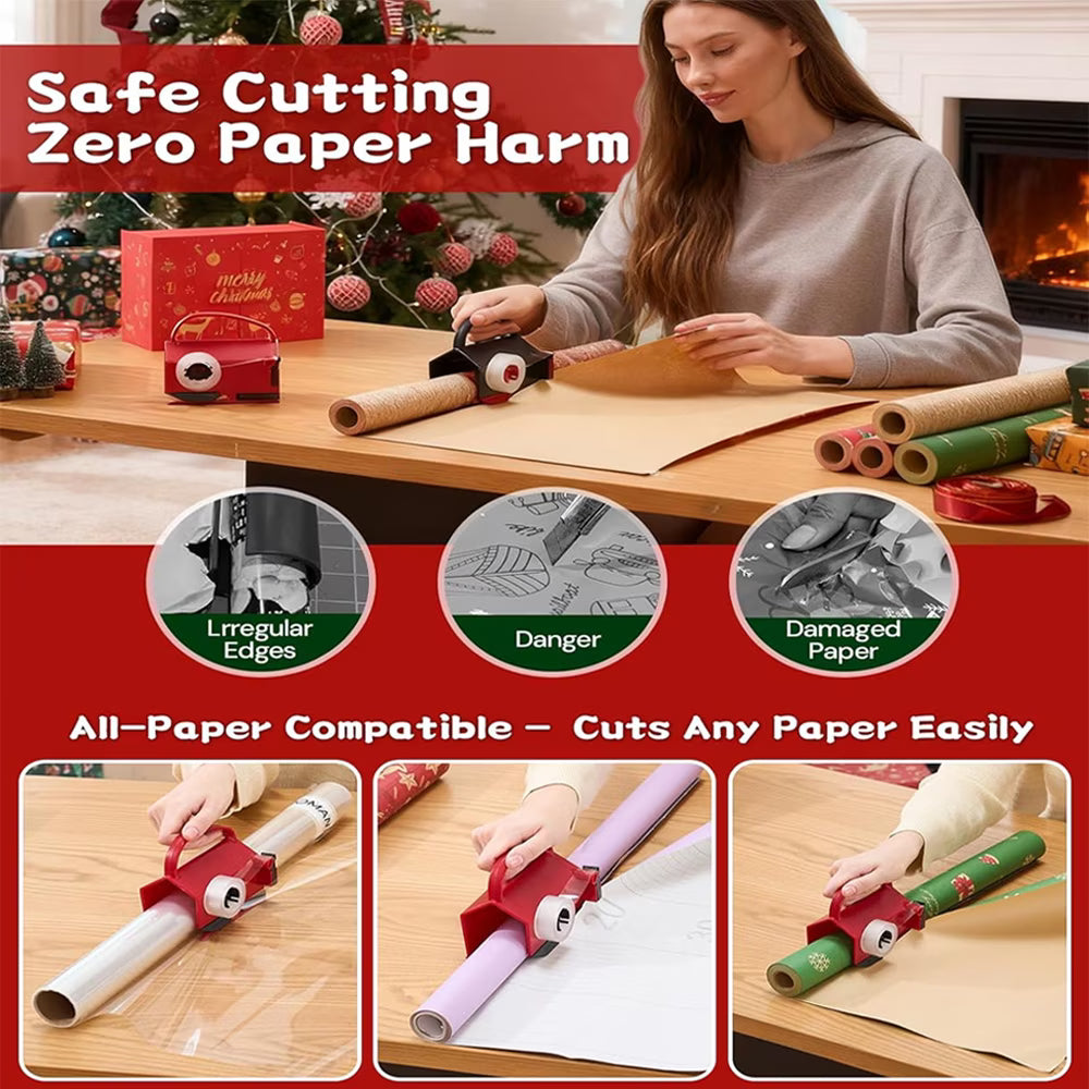 Wiher Wrapping Paper Cutter & Tape Dispenser, Gift Wrap Cutter Tool with 4 Tapes & 2 Replacement Blades, Dual Use Sliding Design for Holiday & Birthday Gift Wrapping Paper Roll, Red