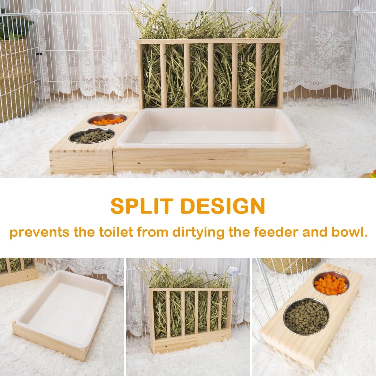 Rabbit Hay Feeder 3 in 1 Wooden Hay Feeder with Litter Box And 2 Bowls Rack Hay Holder for Guinea Pig Chinchillas Hamster Dwarf Rabbit