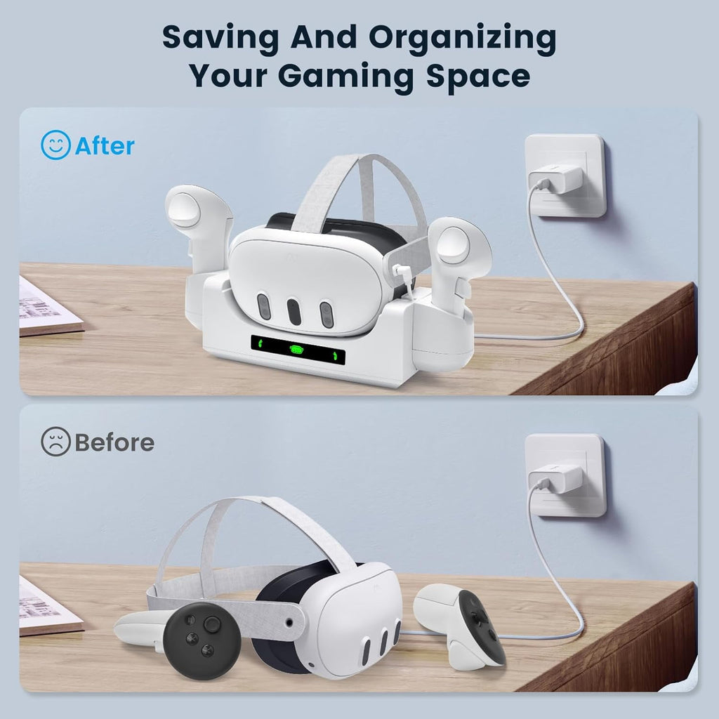 Prociv Charging Dock for Oculus/Meta Quest 3 Charging Stand for Meta Quest 3 Controller and Headset with 2 Rechergeable Batteries Battery Cover