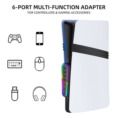 6 Ports USB Hub for PS5 Pro/PS5 Slim Console Disc & Digital High-Speed USB Port Extender for PS5 Accessories Charging Adapter with 1 Type C 3.0 + 4 USB-A 2.0 + 1 Port