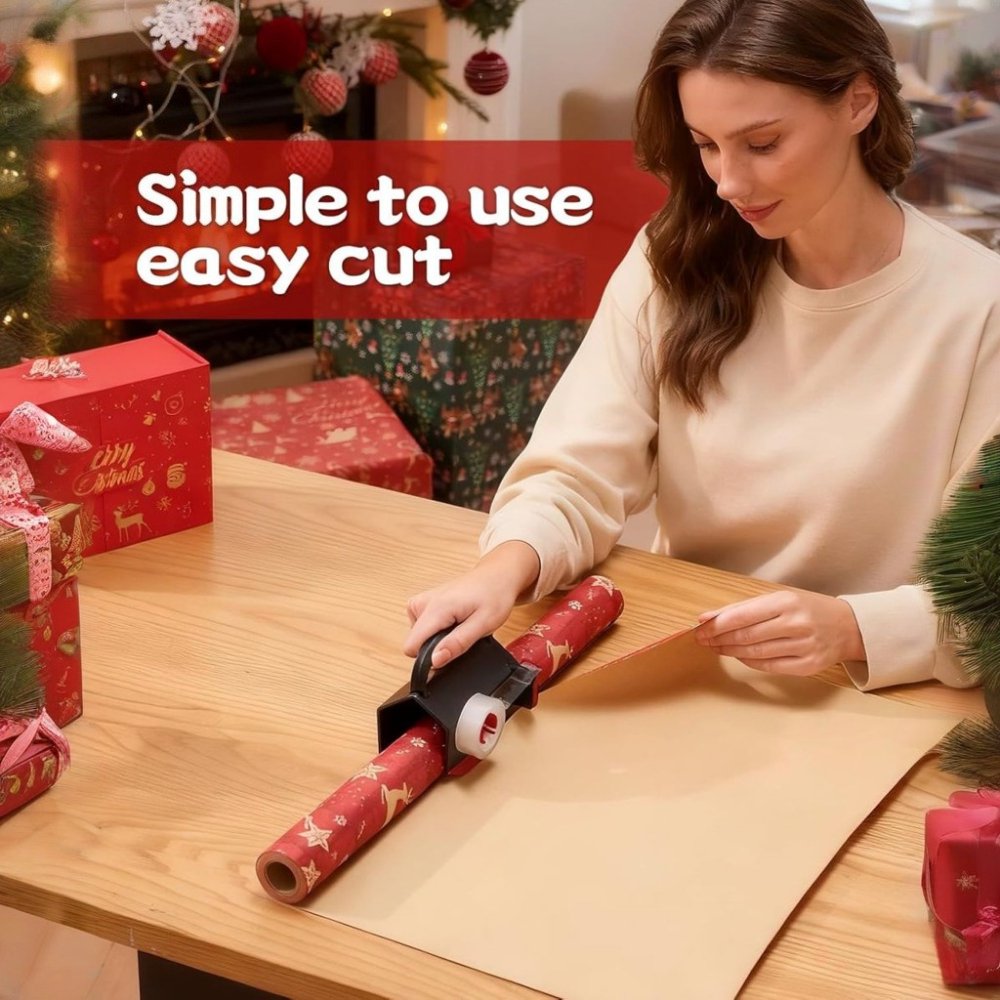 Wiher Wrapping Paper Cutter & Tape Dispenser, Gift Wrap Cutter Tool with 4 Tapes & 2 Replacement Blades, Dual Use Sliding Design for Holiday & Birthday Gift Wrapping Paper Roll, Red
