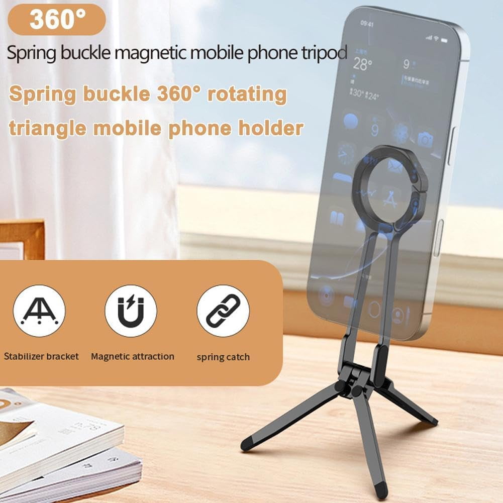 Magnetic Phone Tripod Stand Rotating Phone Tripod Mount with Spring Buckle Multi Angle Tri Fold Cell Phone Holder Handheld Phone Grip for Streaming Vlog
