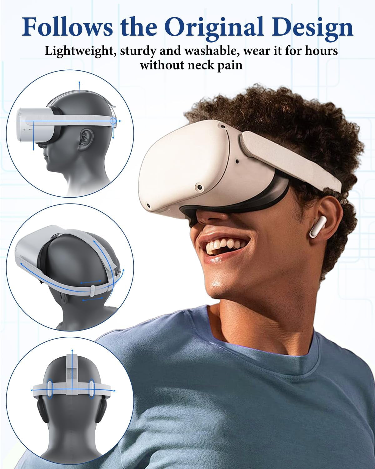 Replacement Head Strap for Meta Quest 2 Original Oculus Quest 2 Comfort Headband 4 Thumbstick Caps Included Adjustable & Breathable Design-VR Head Strap Accessories