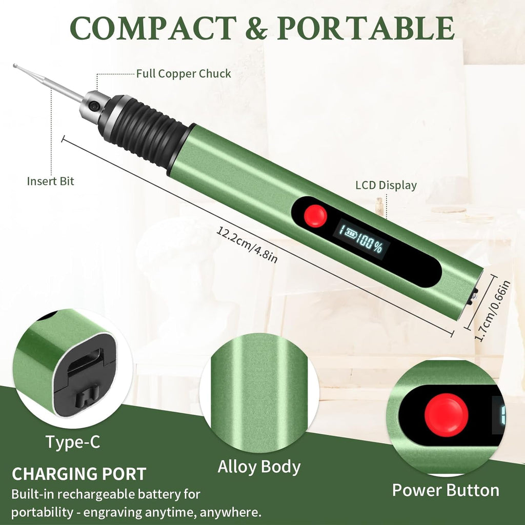 Wiher Engraving Pen with 30 Bits Mini Electric DIY Engraver Cordless Rotary Tools Portable Engraving Pen for Metal Wood Glass and Plastic Jewelry (Green)