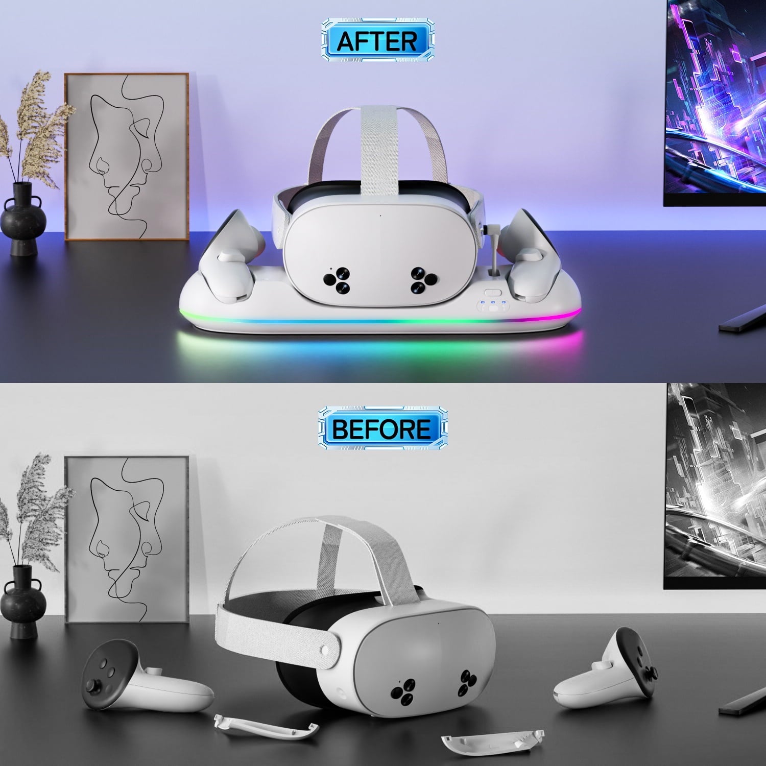 VR Charging Dock for Meta Quest 3/Quest 3S/Quest 2 Magnetic Charging Station for Oculus Quest 3 VR Headset & Controllers with 2 Rechargeable 2100mAh Batteries USB-C Charger Supports LED Indicator