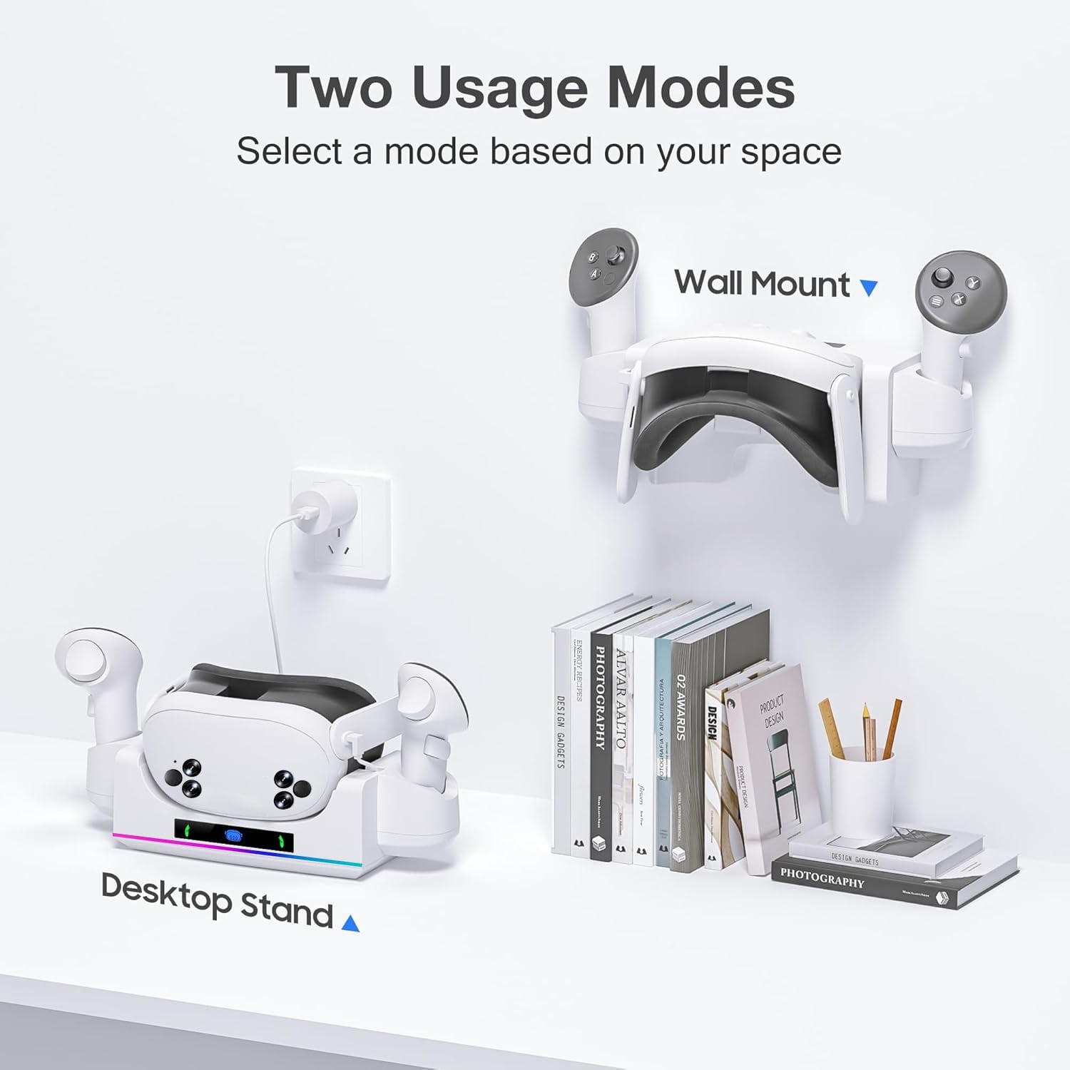 RGB Charging Dock for Oculus/Meta Quest 3S VR Headset and Controller Fast Charger Base Wall Mount Charging Stand for Meta Quest 3S Accessories with 2 Rechergeable Dual-Use