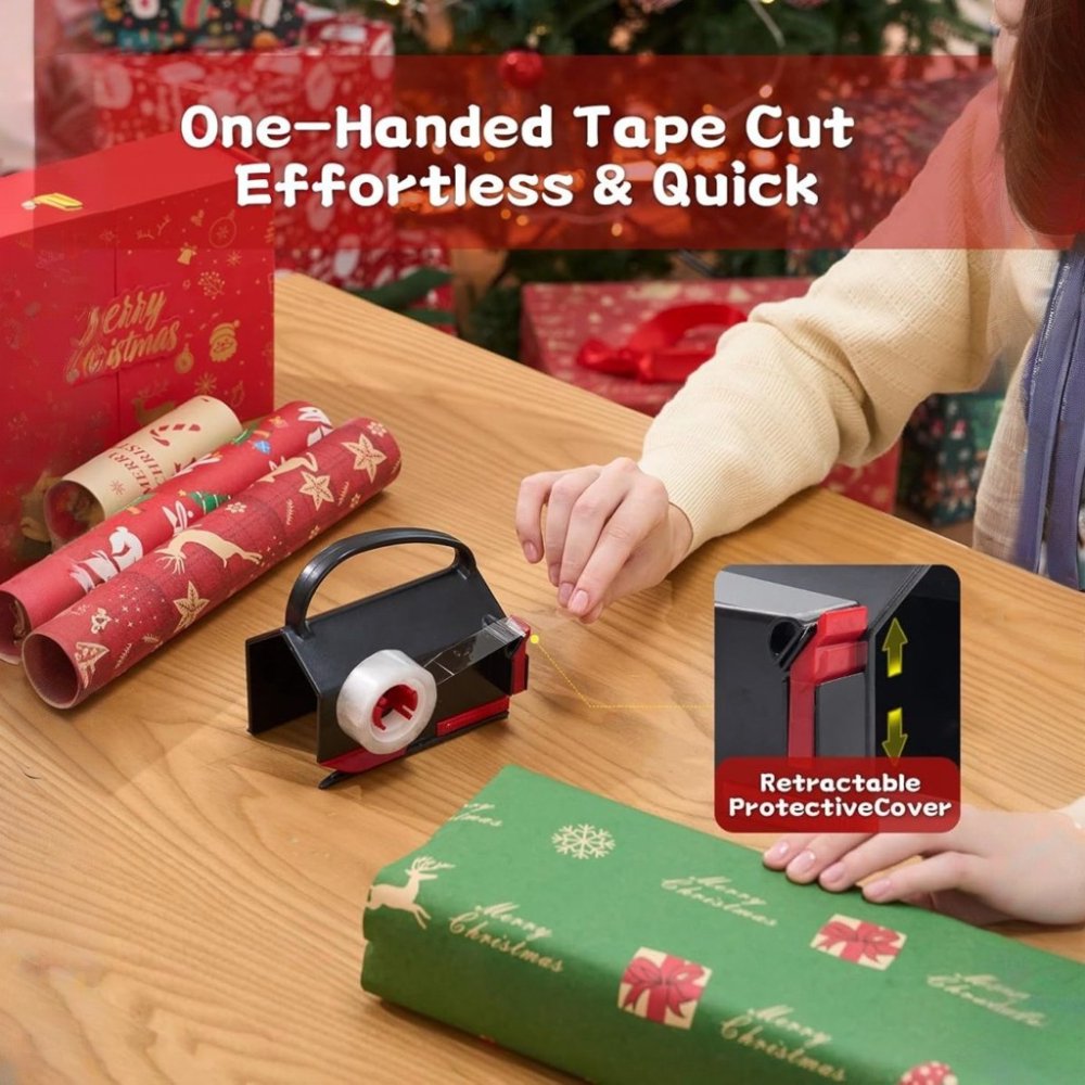 Wiher Wrapping Paper Cutter & Tape Dispenser, Gift Wrap Cutter Tool with 4 Tapes & 2 Replacement Blades, Dual Use Sliding Design for Holiday & Birthday Gift Wrapping Paper Roll, Red