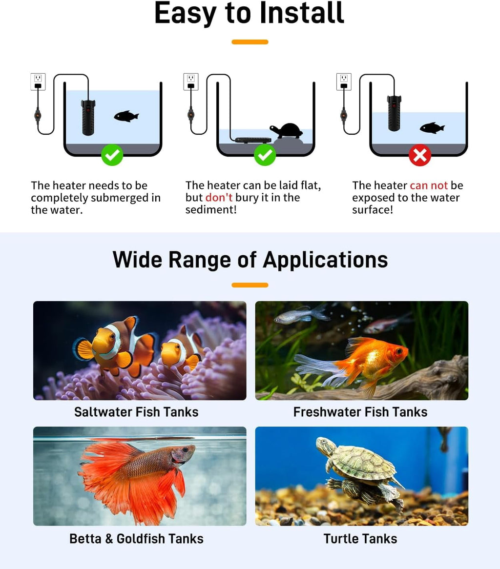 Aquarium Heater Submersible Aquarium Heater Adjustable Constant Temperature Control System Betta Turtle Fish Tank of 78℉ For Betta Fish Turtle Heater Freshwater and Saltwater
