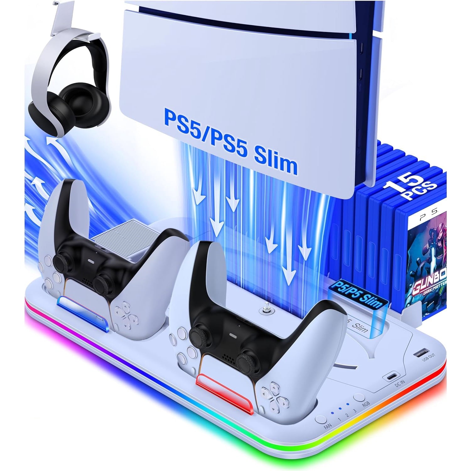 PS5 Slim Stand and Turbo Cooling Station with Controller Charging Station for Playsation 5 3 Levels Cooling Fan RGB Light 15 Game Storage Headset Holder for PS5 Digital/Disc