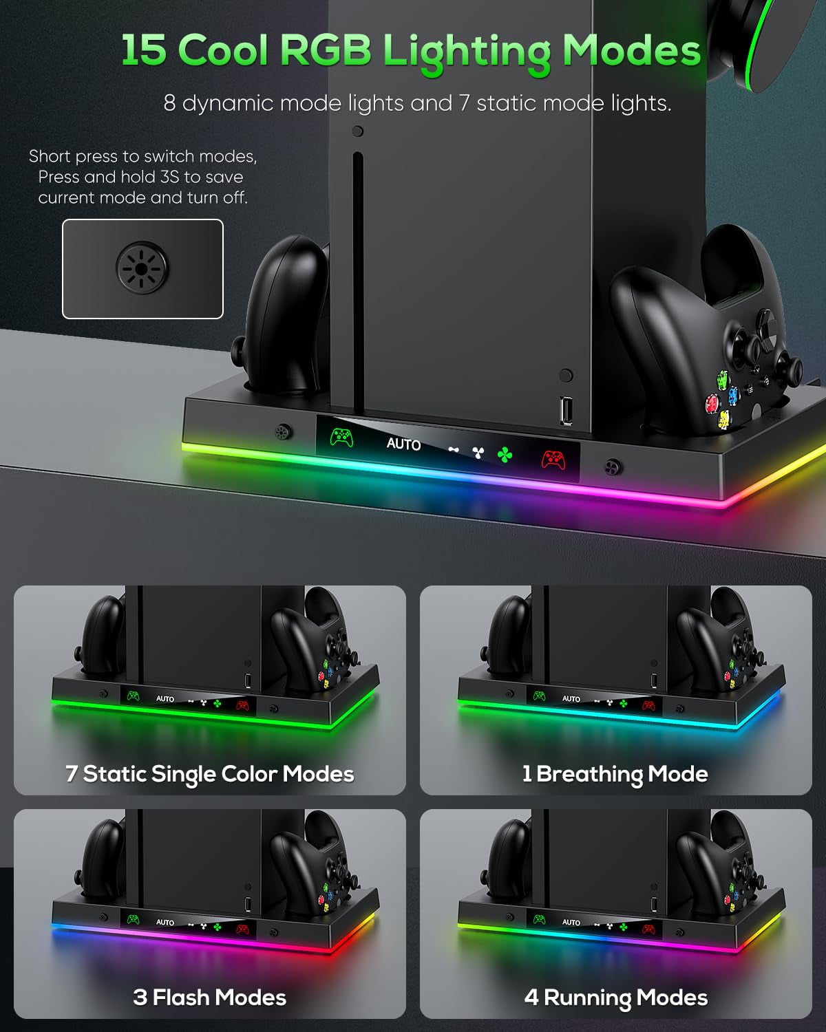 Auto Cooling Fan and Charge Stand Accessories for Xbox Series X Console with 15 Light Modes Wireless Dual Charger Dock for XSX Controller Headset Stand & Game Disc Storage