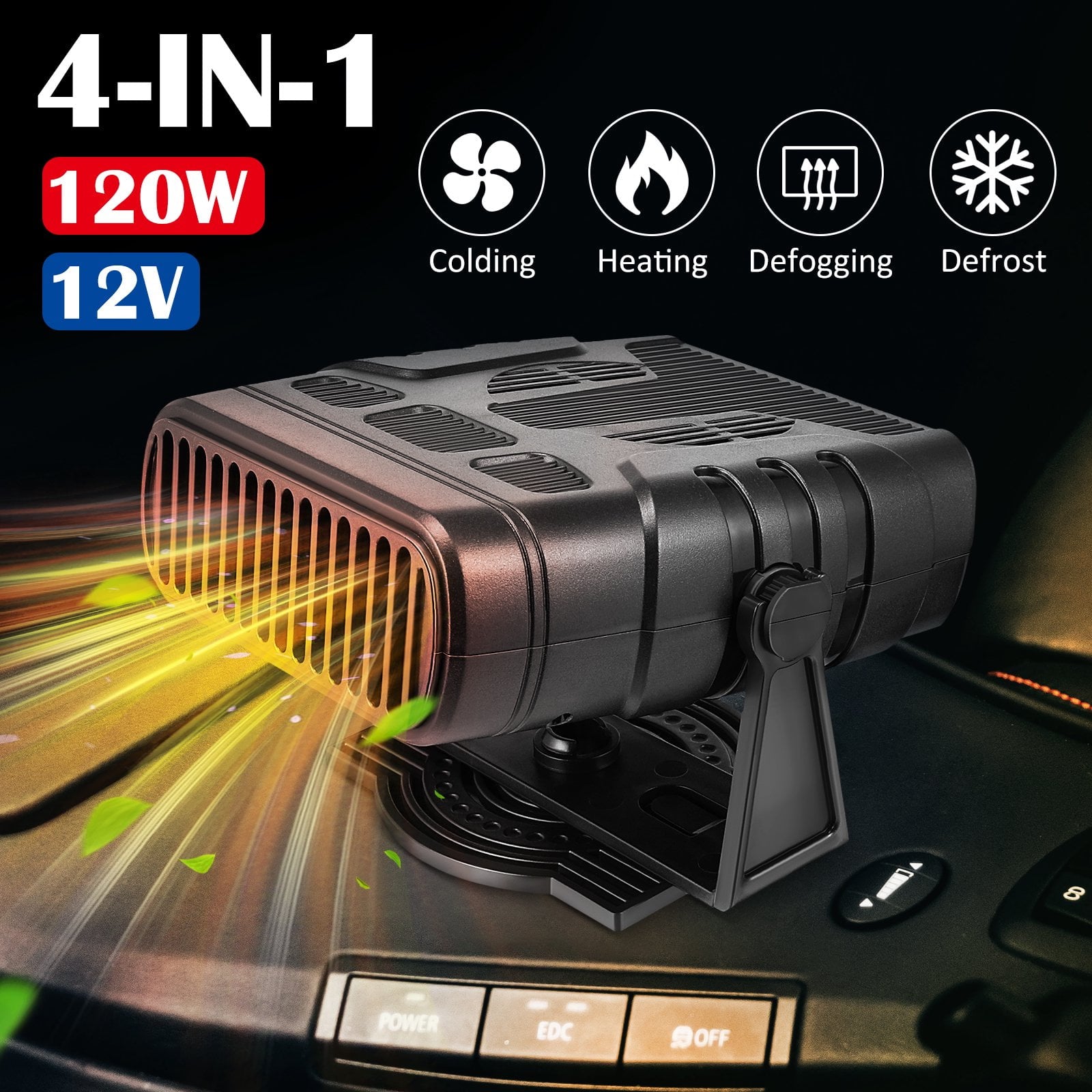 Portable Car Heater Fan 2 in 1 Auto Heater Fan Automotive Cooling Fan Heating Defrosts Defogger Automobile 360° Adjustable Thermostat Plug in Cigarette Lighter Rotary Base DC12V