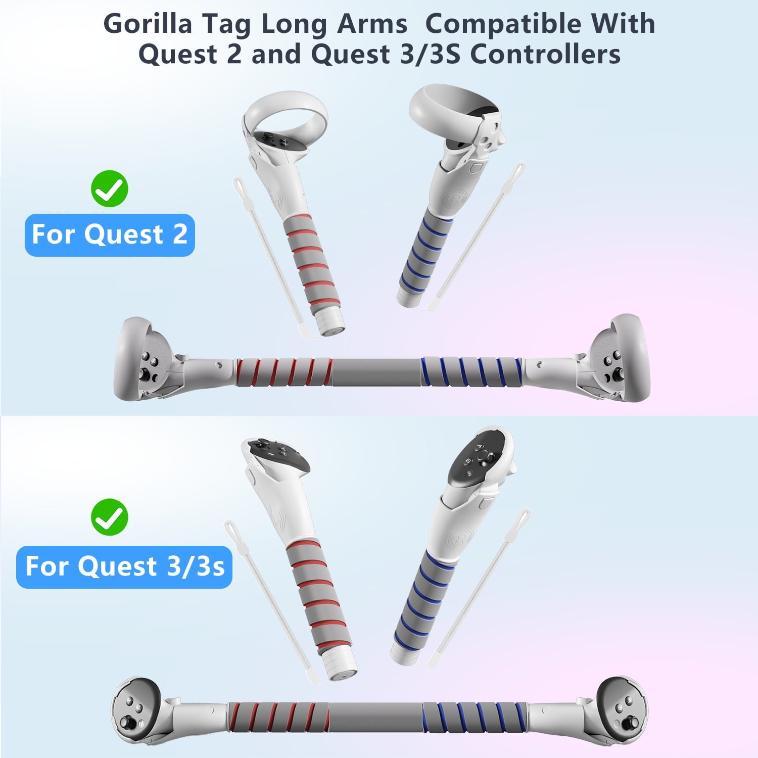 VR Accessories Handle Attachments for Meta/Oculus Quest 2/3/3S Dual Handles and Long Stick Handle Extension Grips to Play Multiple VR Games Gorilla Tag Long Arms Grips Beat Saber Golf Club Baseball