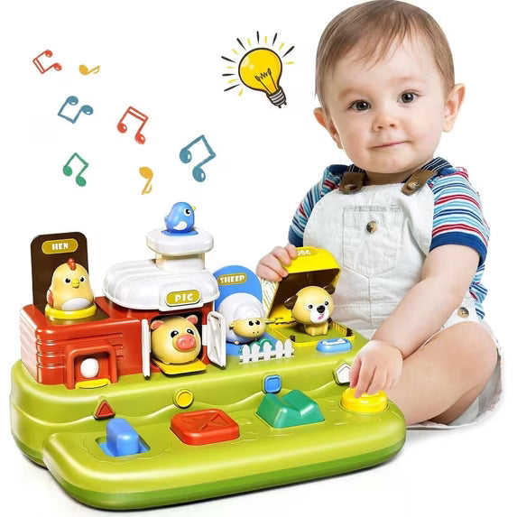Baby Pop Up Toy for 1 Year Old, Music Farm Animal Toys With Buttons, Educational Learning Sensory Toys for Toddlers 1-3 Boy Girl Birthday Gift