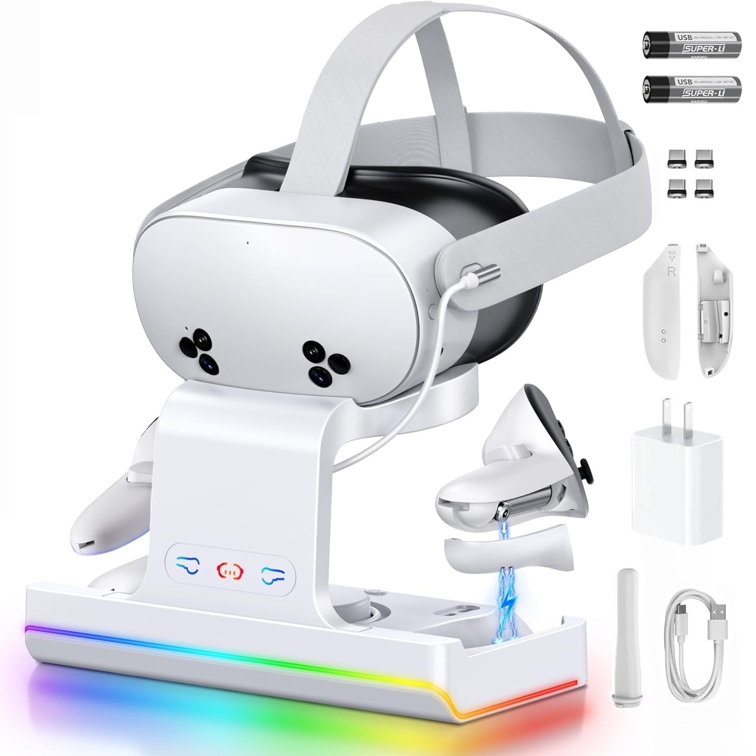 Charging Dock for Meta Quest 3S/3 VR Headset & Controllers Charging Stand with RGB LED Light VR Accessories with 2 Rechargeable Batteries for Oculus Quest 3S/3 Fast Charging Station