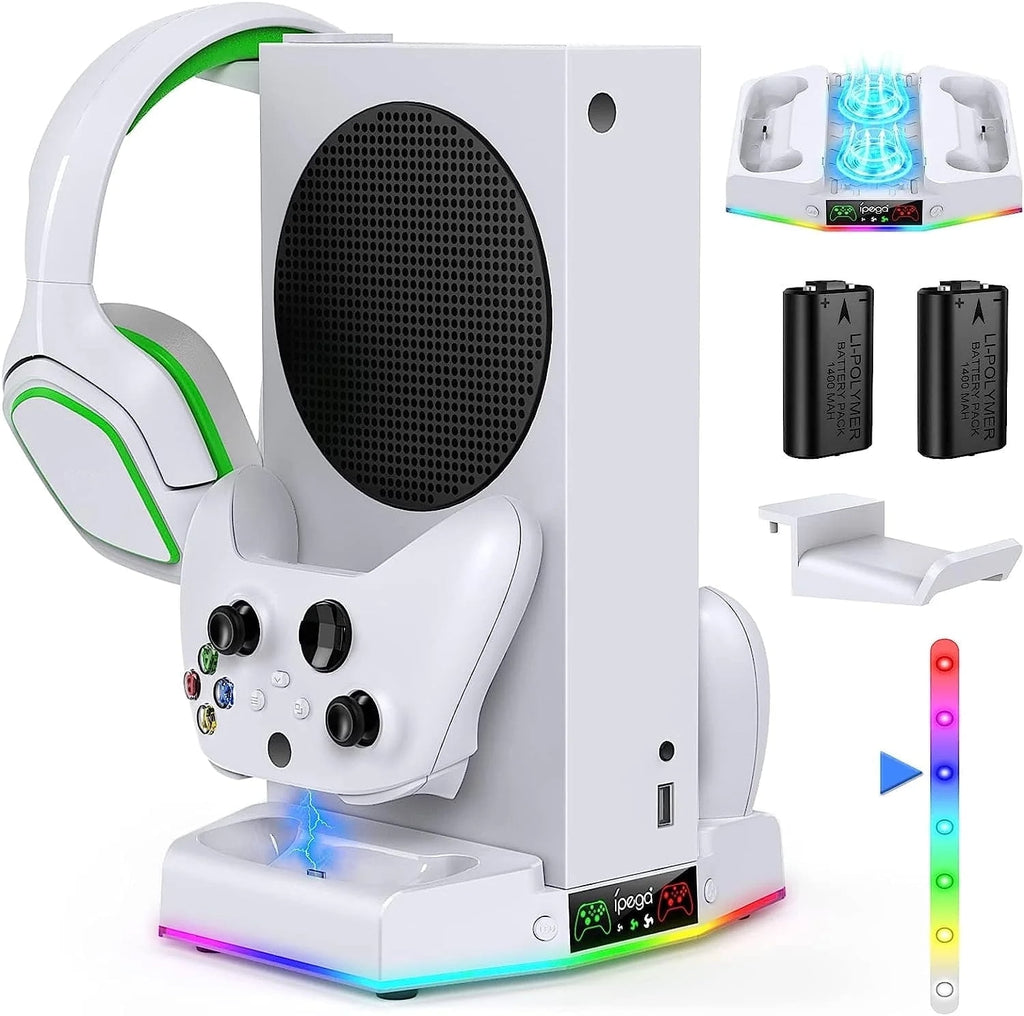 Cooling Stand & Charging Station for Xbox Series S with RGB Light - Dual Controller Charger & Cooler Fan for Xbox Series S Accessories with 2*1400mAH Batteries and Headphone Hook