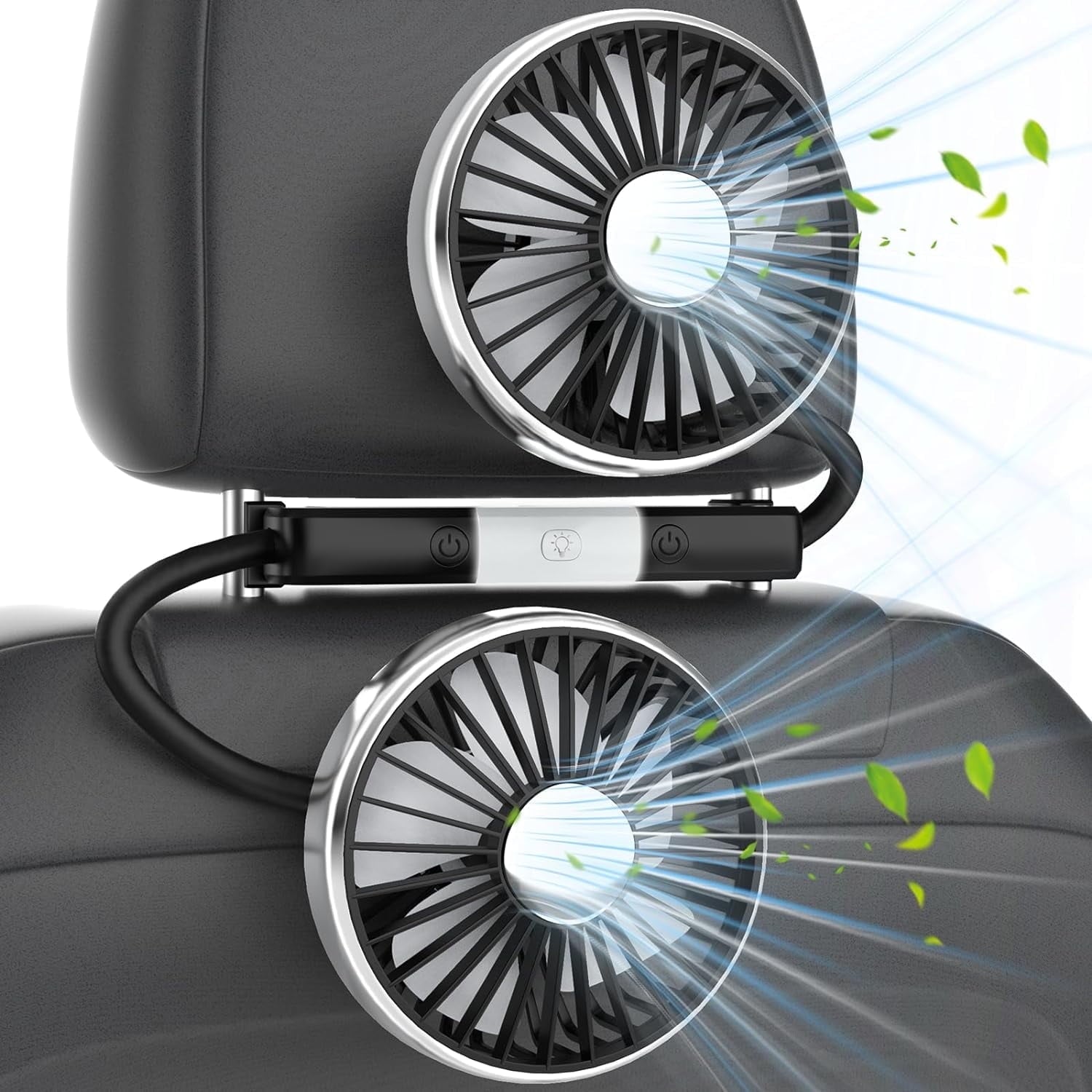 Dual Head Car Fan with Lights USB Car Rear Seat Ventilation Fan 3 Speeds and 360 Degree Rotatable Cooling Car Fans for Vehicles RV SUV Truck
