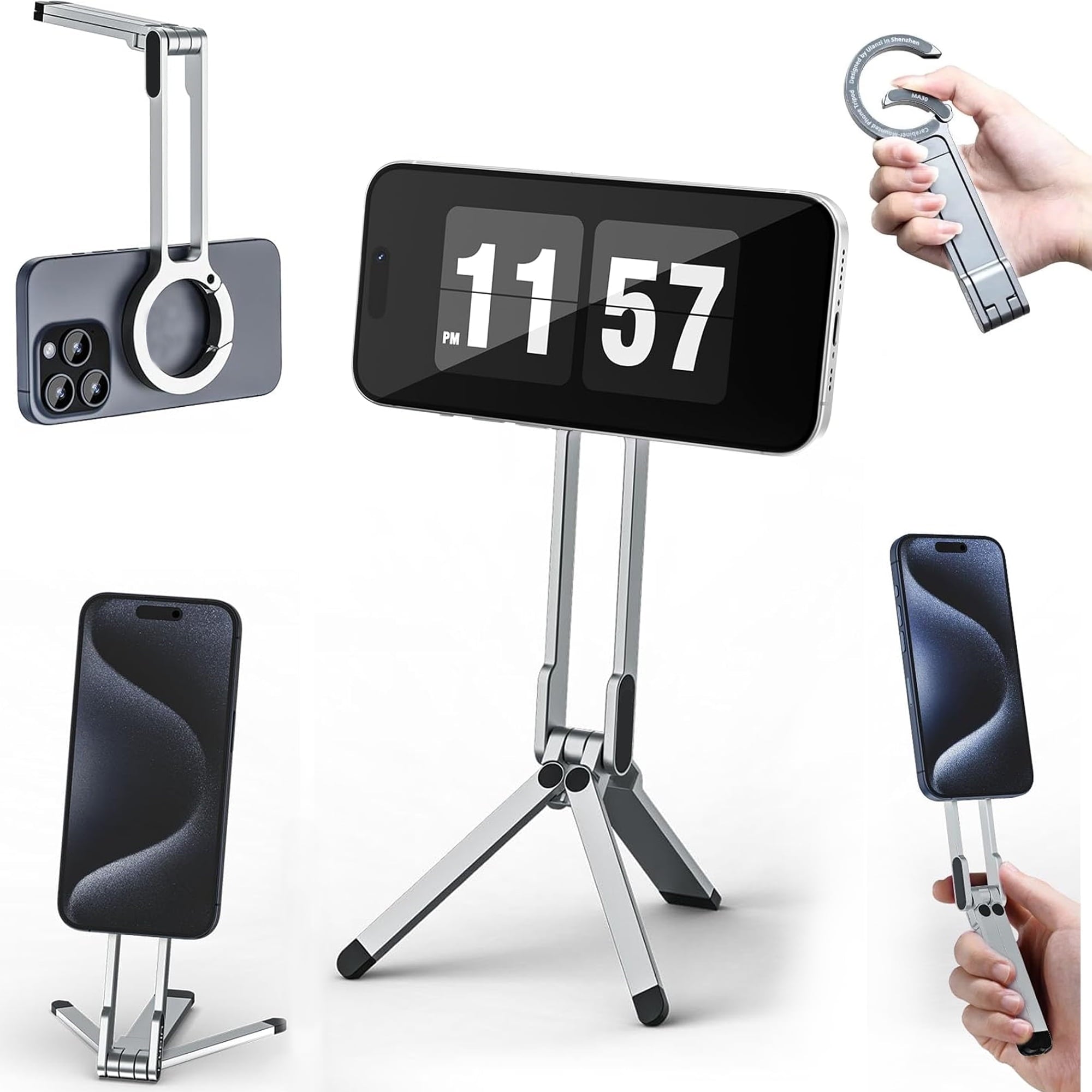 Magnetic Phone Tripod Stand Rotating Phone Tripod Mount with Spring Buckle Multi Angle Tri Fold Cell Phone Holder Handheld Phone Grip for Streaming Vlog