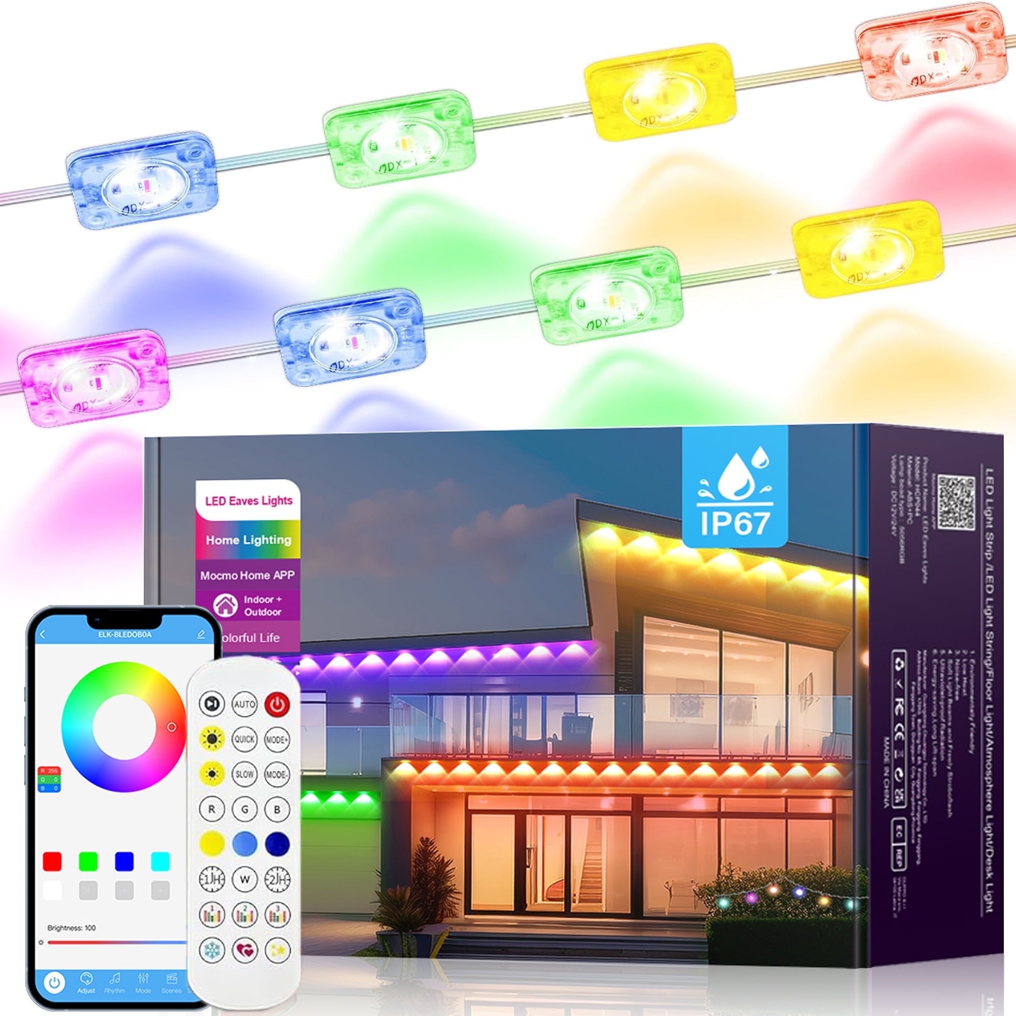 Permanent Outdoor Lights 100ft Smart RGB+IC App Control Outdoor Lights with 48 LEDs LED Eaves Lights IP67 Waterproof House Roof Outdoor Lighting for Party Daily Halloween Christmas Garden