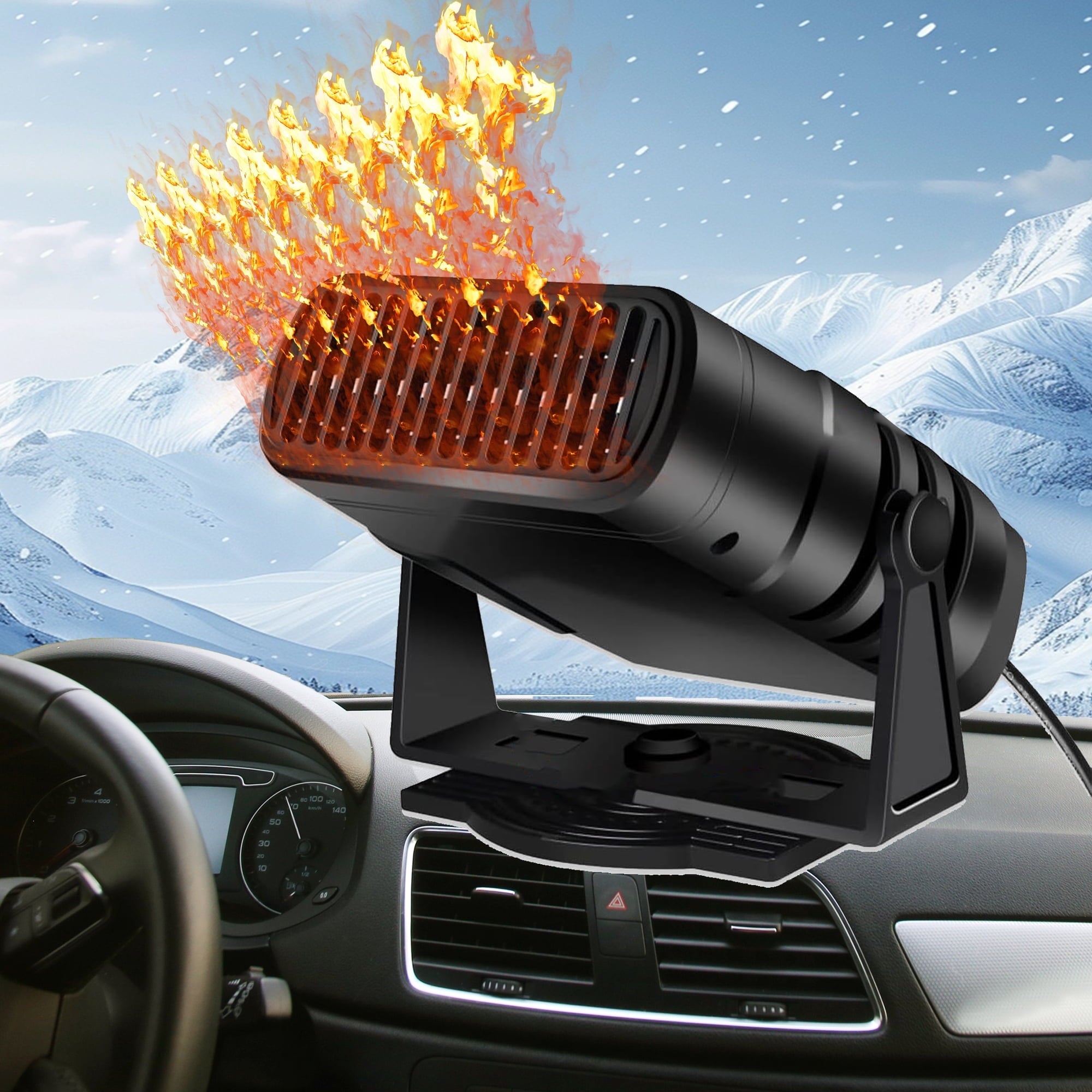 Portable Car Heater Fan 2 in 1 Auto Heater Fan Automotive Cooling Fan Heating Defrosts Defogger Automobile 360° Adjustable Thermostat Plug in Cigarette Lighter Rotary Base DC12V