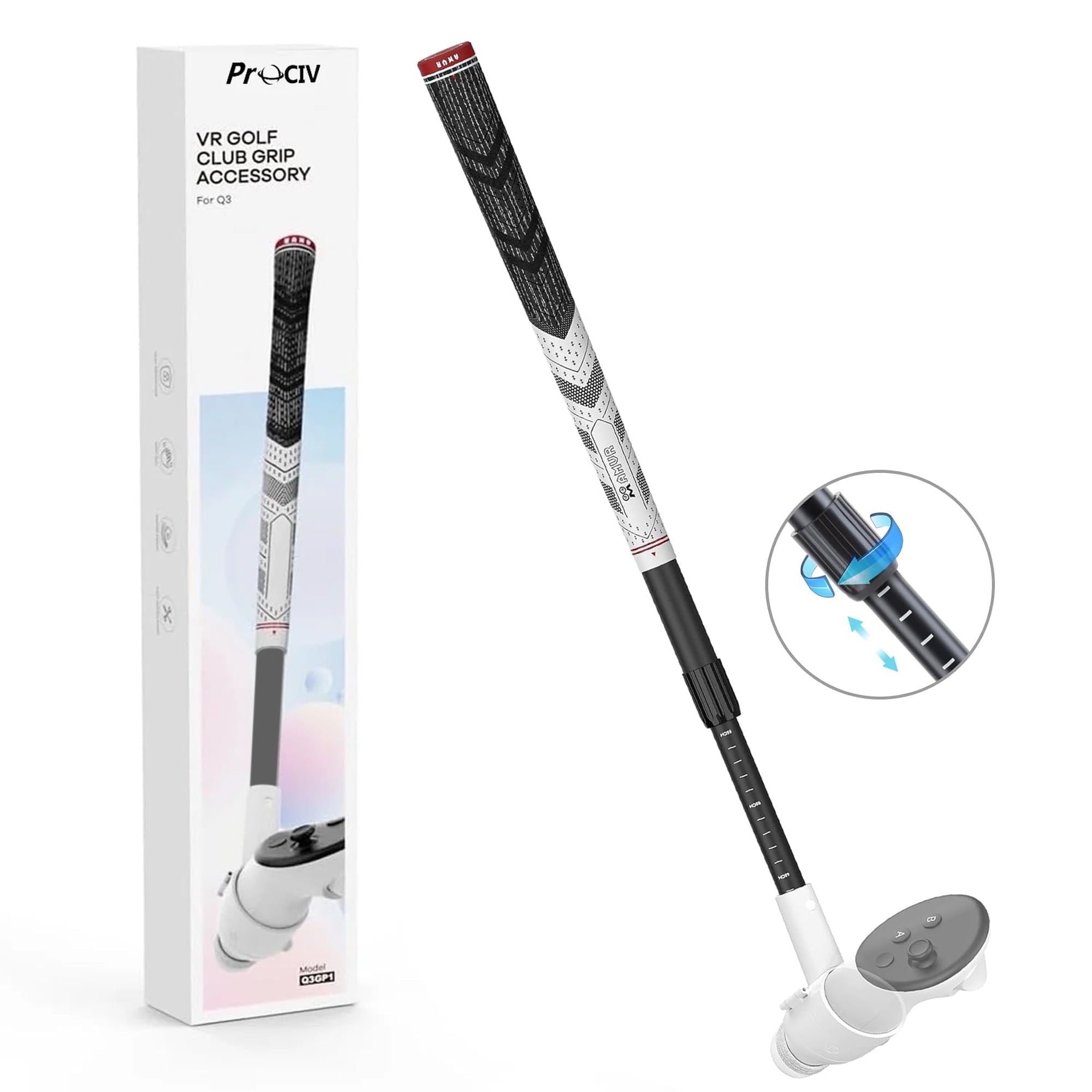 Prociv VR Golf Club Attachment Compatible with Meta/Oculus Quest 3S/Quest 3 Adjustable Length 80 Degree Keep Tracking Non-Slip VR Golf Handle Grip for Golf +（for Right Controller）