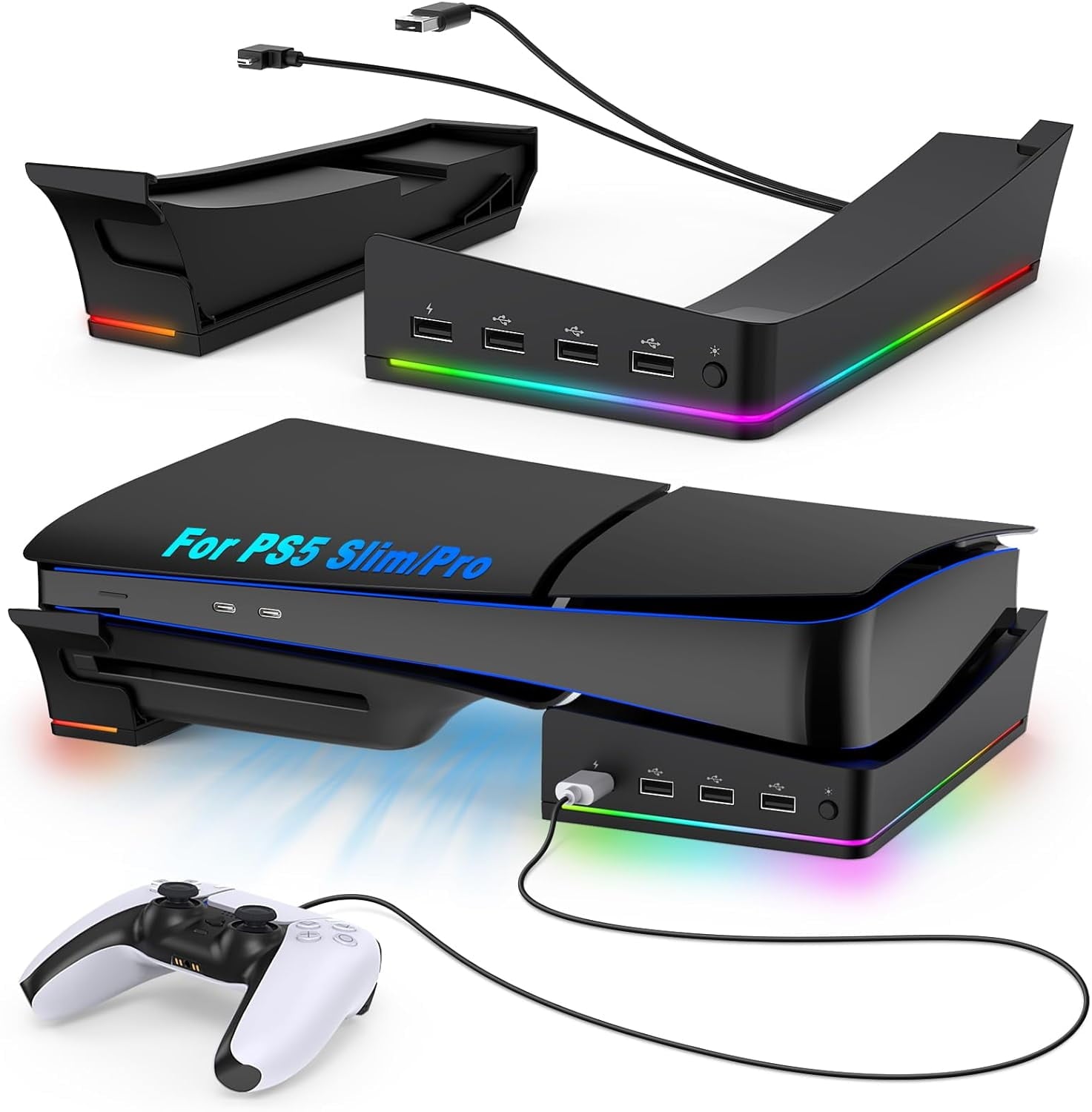 RGB Horizontal Stand for PS5 Pro / Slim Console Accessories with 14 Light Mode and 4 USB Hubs Side Stand for Playstation 5 Pro / Slim Disc & Digital Base Holder with Fast Charging Black