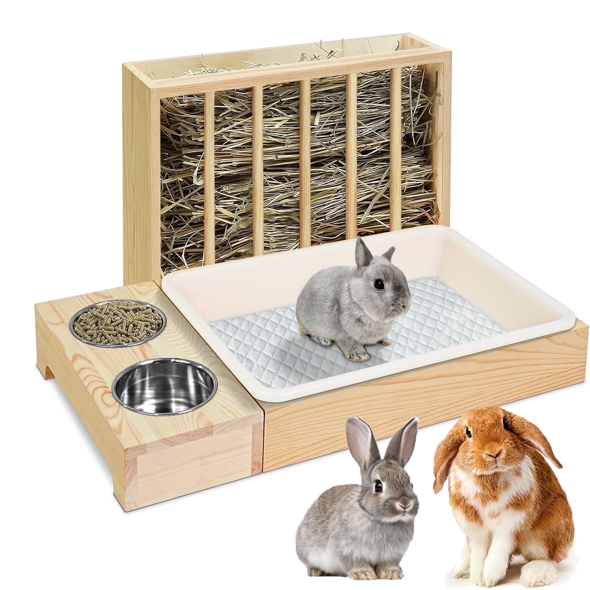 Rabbit Hay Feeder 3 in 1 Wooden Hay Feeder with Litter Box And 2 Bowls Rack Hay Holder for Guinea Pig Chinchillas Hamster Dwarf Rabbit
