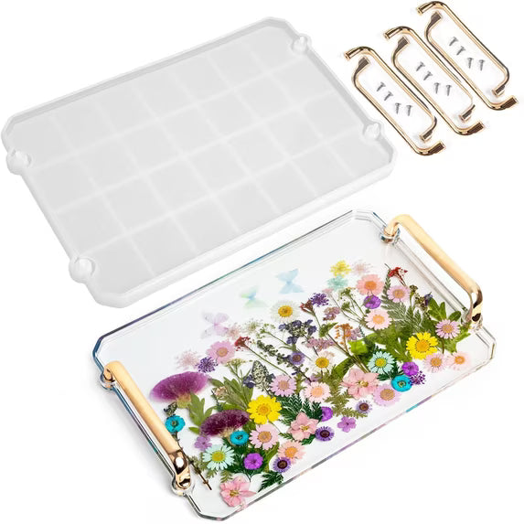 Resin Tray Mold with 3 Handles, Silicone Rectangle Tray Molds for DIY Crafts, Epoxy Resin Geode Tray Mold for Making Tray, Serving Board, Home Decorations
