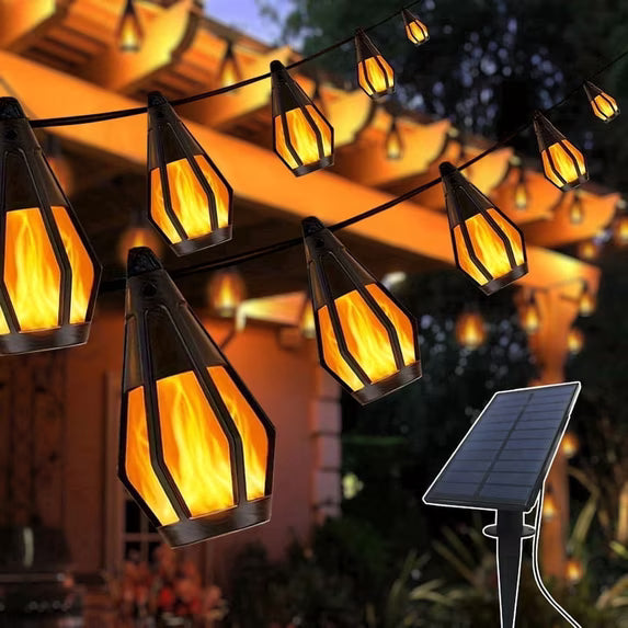 Solar Lights Outdoor String Lights, 42FT Solar String Lights Outdoor Waterproof Warm White with 15 Flickering Flame Light Bulbs, Patio Lights for Garden Backyard Gazebo Party Halloween Decoration