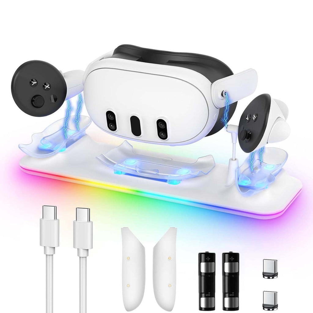 VR Charging Dock for Meta Quest 3 Fast Charging Station with Colorful RGB Light for Oculus Quest 3 Magnetic Charging Stand for VR Headset and Touch Controllers with 2 Rechargeable Batteries White