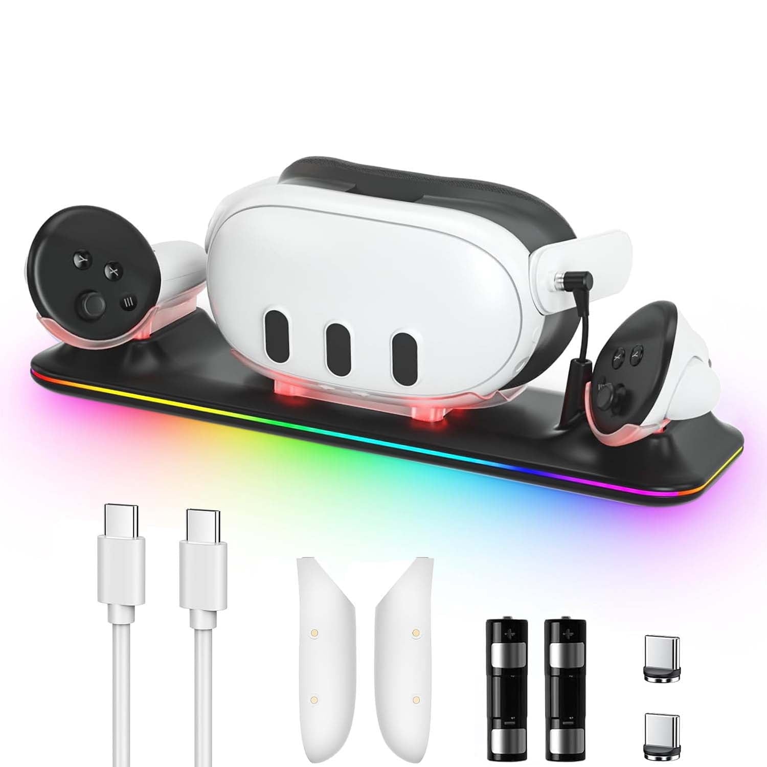 VR Charging Dock for Meta Quest 3 Fast Charging Station with Colorful RGB Light for Oculus Quest 3 Magnetic Charging Stand for VR Headset and Touch Controllers with 2 Rechargeable Batteries Black