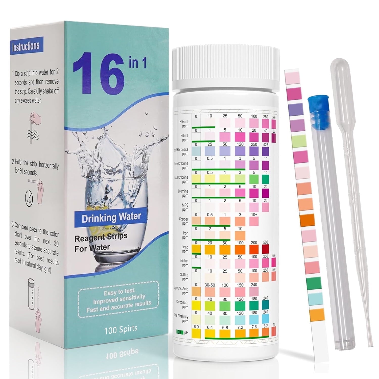 Wiher 16 in 1 Water Testing Strips Water Testing Kits for Drinking Pool Water 100 Strips Home Water Quality Test Kit Testing for pH Hardness Chlorine Lead Iron Copper Nitrate Nitrite