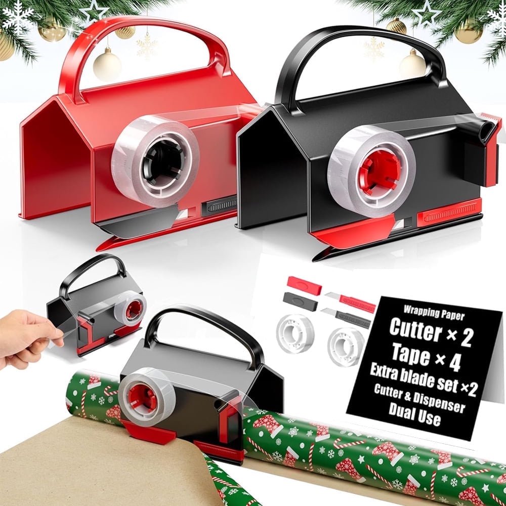 Wiher Wrapping Paper Cutter & Tape Dispenser, Gift Wrap Cutter Tool Dual Use Sliding Design with 4 Tapes & 2 Replacement Blades for Holiday & Birthday Gift Wrapping Paper Roll, 2 Pack（Black Red）