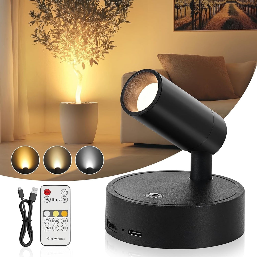 Wireless Led Spotlight Indoor Rechargeable Uplighting Indoor with Remote Dimmable 350° Rotate Battery Powered Ceiling Spotlight for Artwork Painting Tree Black 1pcs