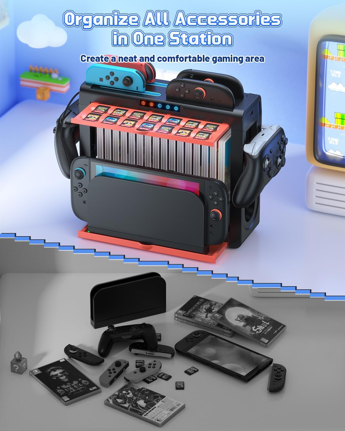 Organizer and Charging Station for Nintendo Switch 2/1 Charger Dock for Joycon 2/1 Retractable Storage Stand for Switch 2 Console 16 Game Disc 14 Game Cards for Pro Controller
