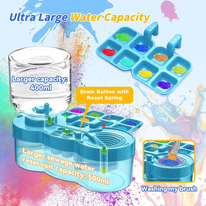Wiher Paint Brush Cleaner for Kids,Water Circulation Paint Brush with Holder and Palette for Acrylic Watercolor and Water Based Creative Gift for Adult Artist Beginners Kids,Blue