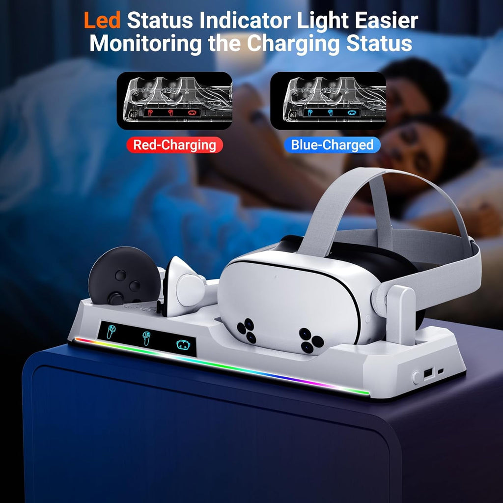 Charging Dock for Oculus Quest 3S Magnetic VR Charger with 2 Rechargeable Batteries for Meta Quest 3S Accessories VR Headset and Controller Charger Support LED Indicator