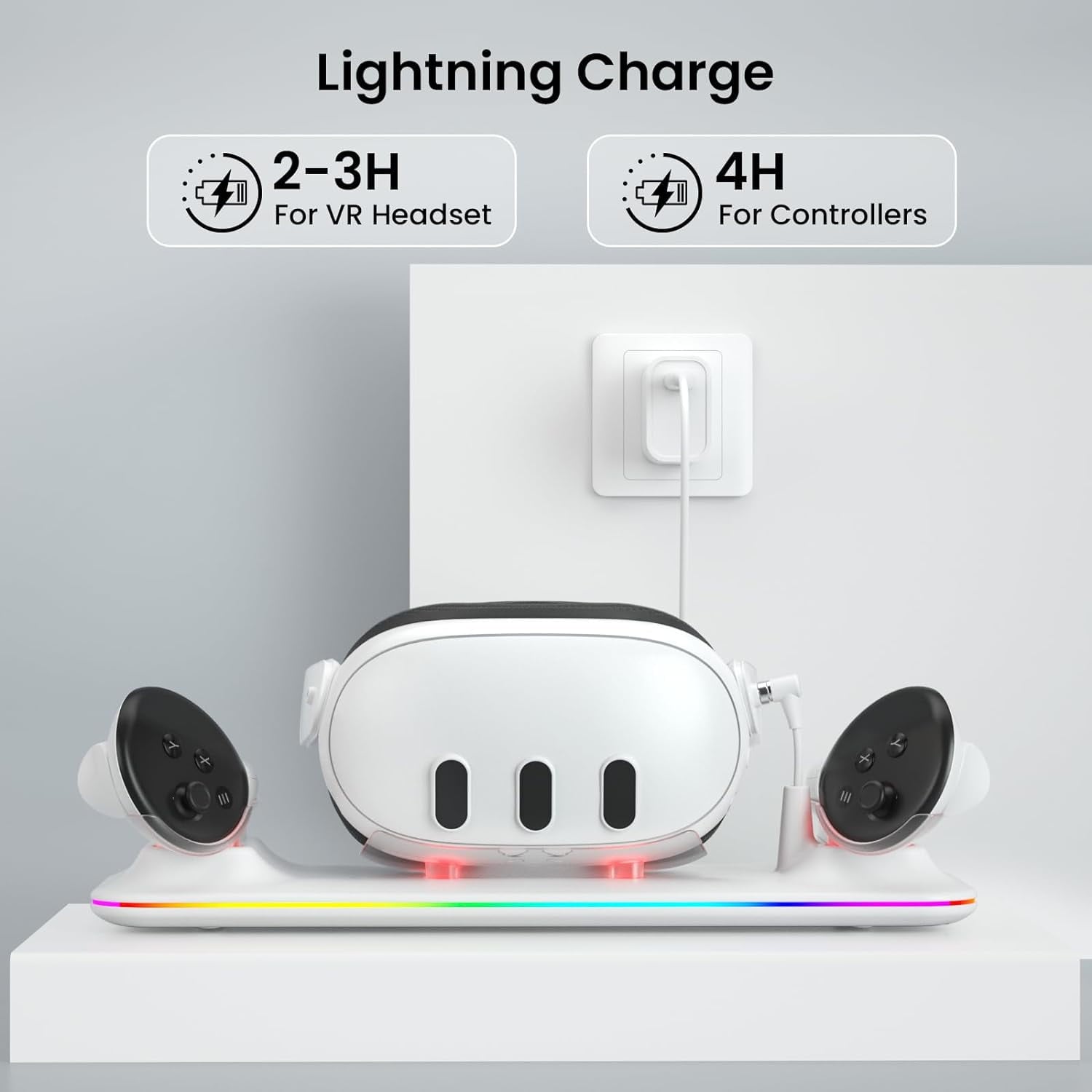 VR Charging Dock for Meta Quest 3 Fast Charging Station with Colorful RGB Light for Oculus Quest 3 Magnetic Charging Stand for VR Headset and Touch Controllers with 2 Rechargeable Batteries White