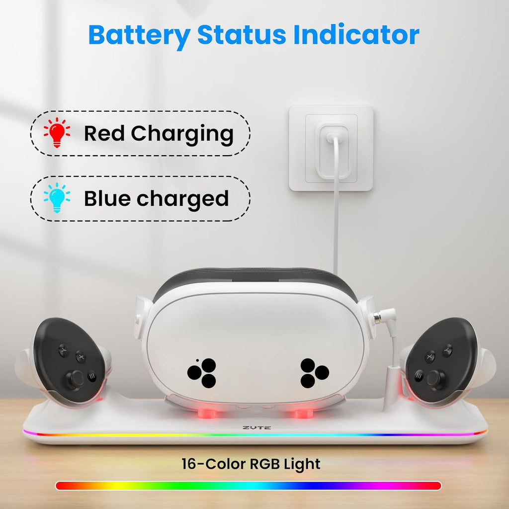 VR Charging Dock for Oculus/Meta Quest 3S - Magnetic Docking Station with LED Light - Charging Stationo Display with 2 * 1800Mah Rechargeable Batteries - VR Charging Stand Support Elite Strap White