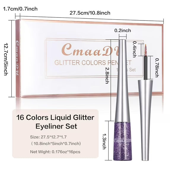 16 Color Liquid Glitter Eyeliner Sets, Waterproof Long Lasting Quick Dry Shimmer Eyeliner Eyeshadow Pencil Makeup Kit Gift for Women Girls