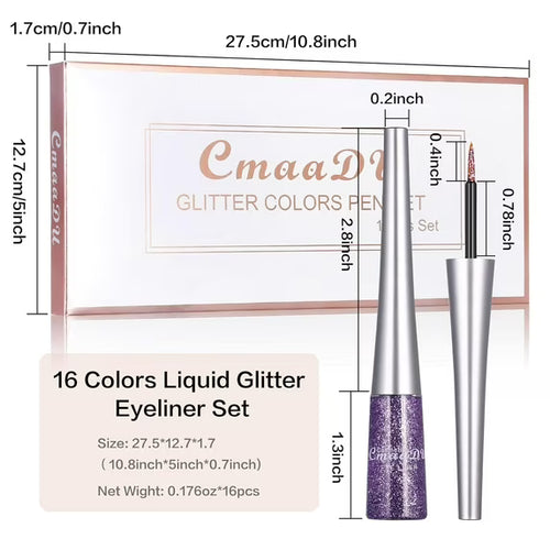 16 Color Liquid Glitter Eyeliner Sets, Waterproof Long Lasting Quick Dry Shimmer Eyeliner Eyeshadow Pencil Makeup Kit Gift for Women Girls