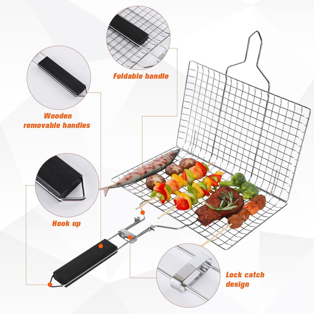 Prociv Grill Basket with Foldable Handle BBQ Basket Accessories Stainless Steel BBQ Grill Mesh BBQ Vegetable Slices Basket Suitable for Vegetable Fries Fish