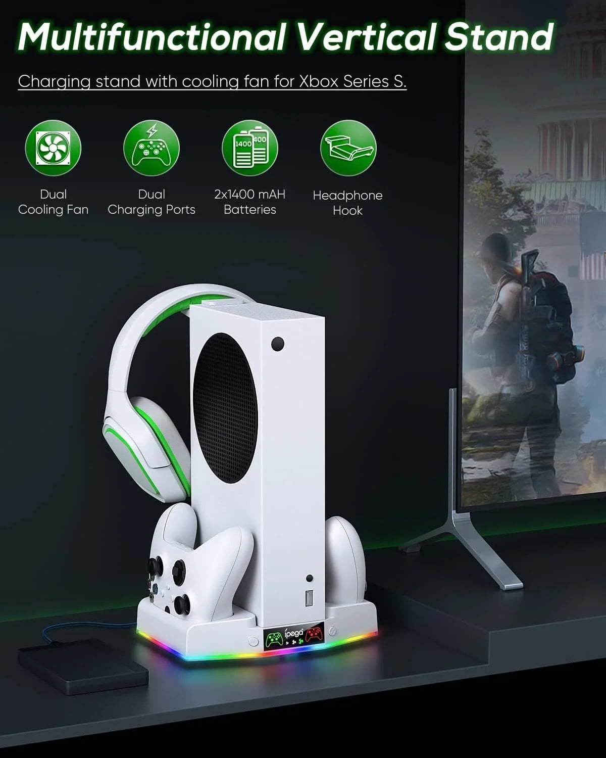 Cooling Stand & Charging Station for Xbox Series S with RGB Light - Dual Controller Charger & Cooler Fan for Xbox Series S Accessories with 2*1400mAH Batteries and Headphone Hook