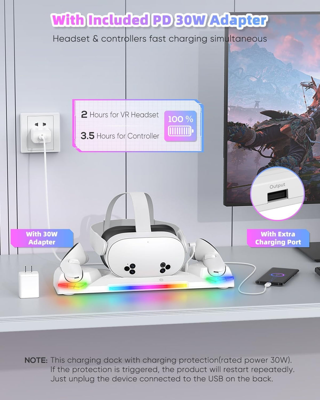 Charging Dock for Oculus Quest 3S/3/2 30W Fast Magnetic Charger Station Stand for Meta Quest 3S/3 Accessories with RGB Light 2 Rechargeable 2100mAh Batteries & Covers for Headset/Controller
