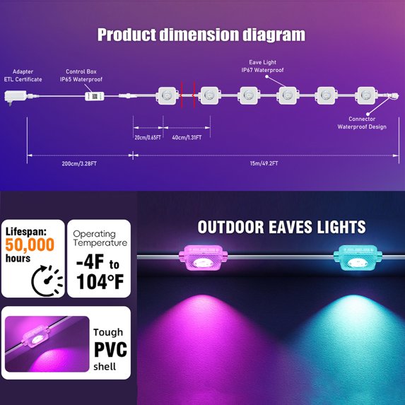 Outdoor Lights for House, Permanent Outdoor Lights, 50FT RGBIC Eaves Lights with App/Remote Control, IP67 Christmas Lights Outdoor Waterproof String Lights for Halloween Party House Roof Garden