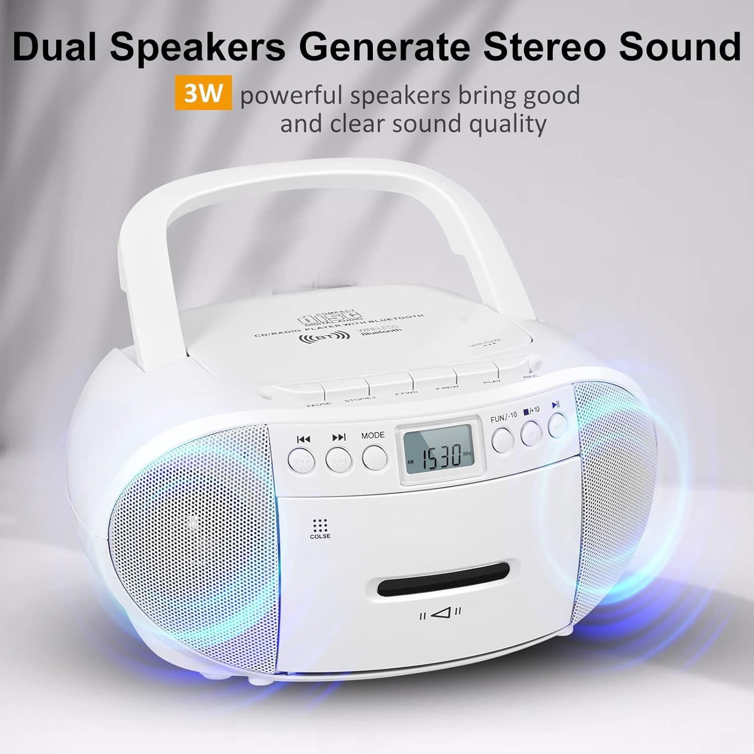 Prociv CD Player Boombox with Cassette Player Bluetooth AM/FM Radio Stereo Sound with Remote Control AUX/USB Drive Tape Recording AC/DC Powered Headphone Jack LCD Display for Home Senior Child Whi