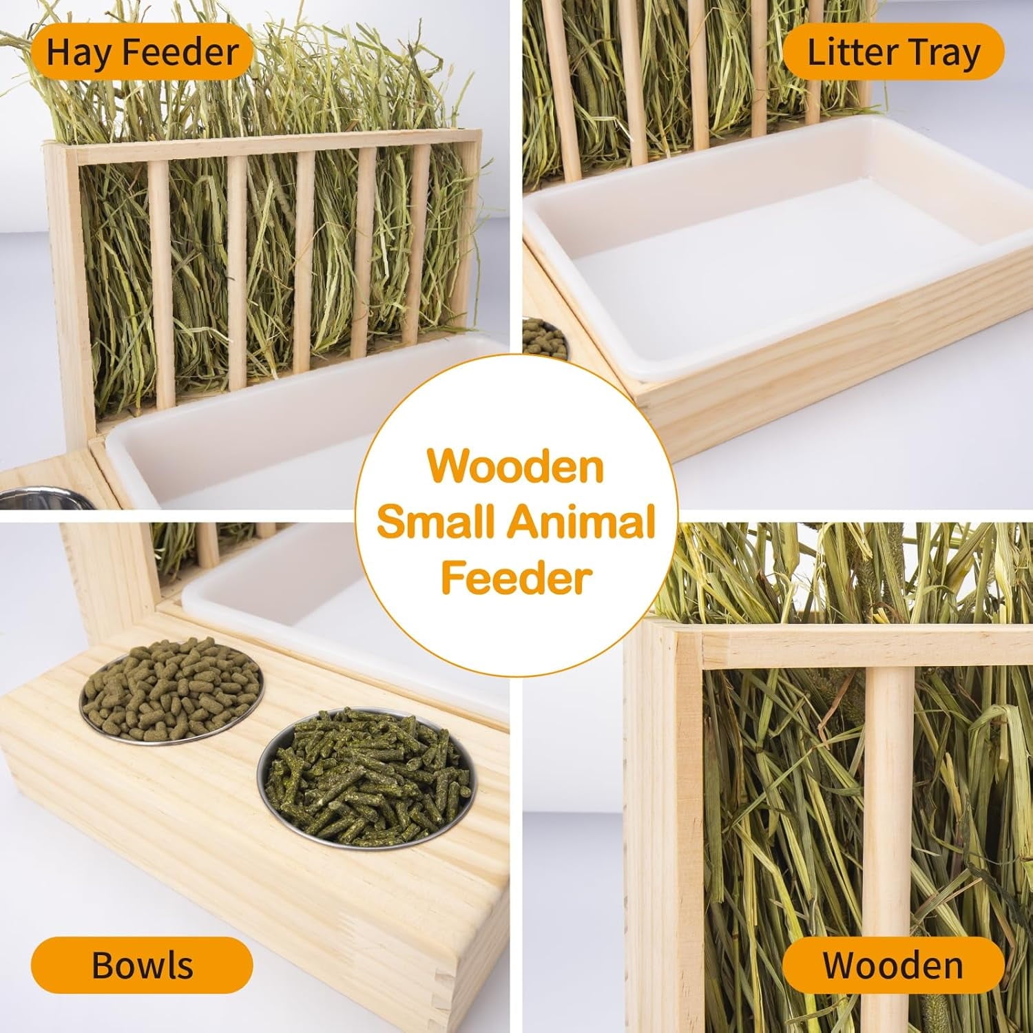 Rabbit Hay Feeder 3 in 1 Wooden Hay Feeder with Litter Box And 2 Bowls Rack Hay Holder for Guinea Pig Chinchillas Hamster Dwarf Rabbit