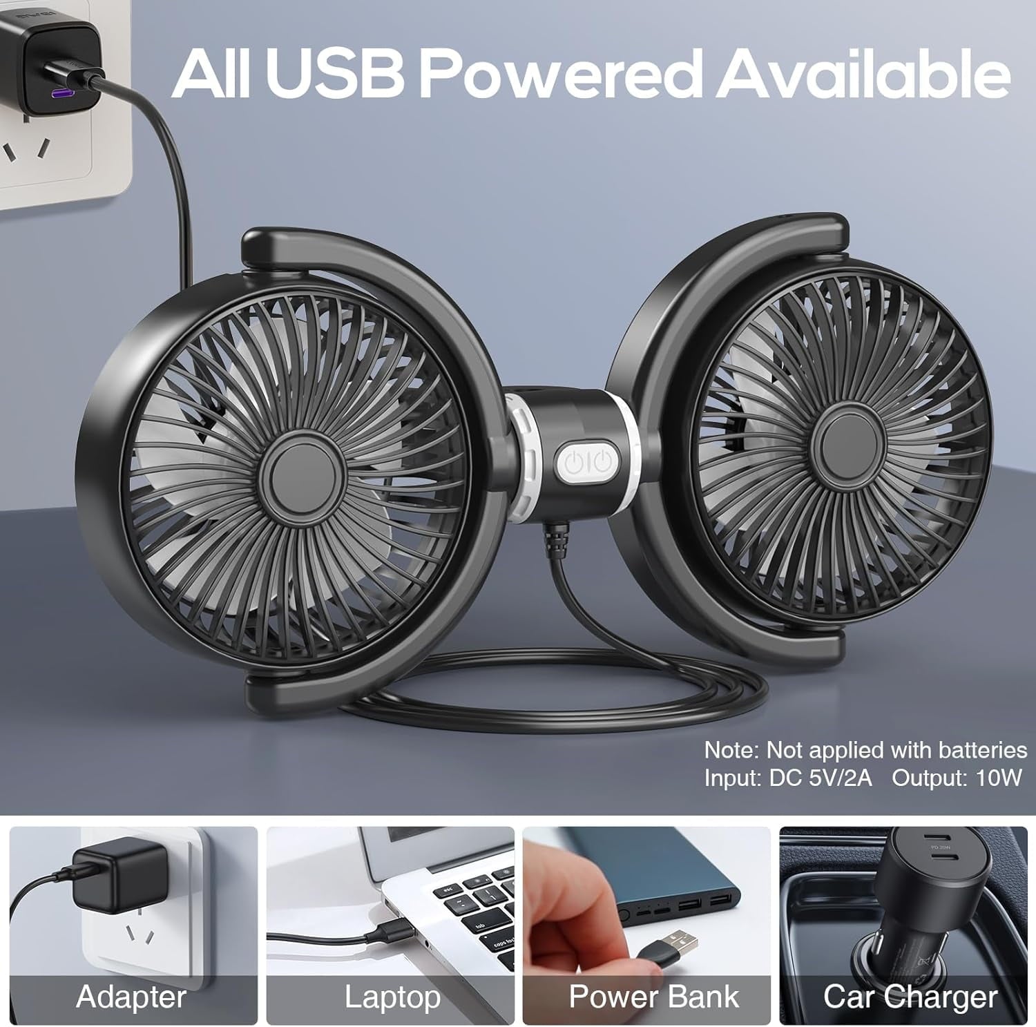 Dual Head Car Fan USB Cooling Fans for Backseat 360° Rotatable Car Seat Headrest Fan for Kids Dog Rear Facing 3-Speed Separate Controlled Car Backseat Fan Air Circulation for Vehicle SUV RV Trunk